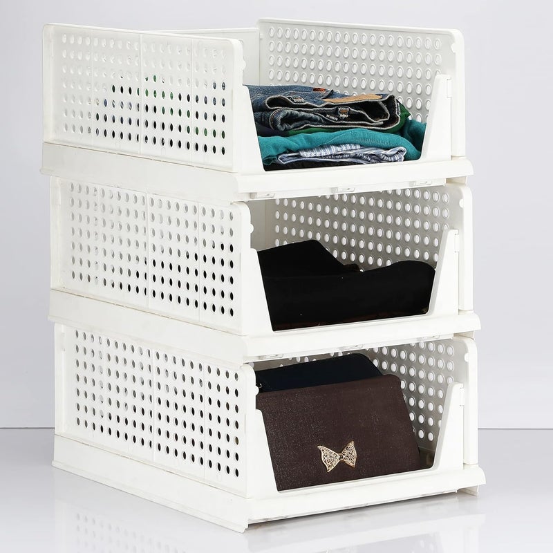 JEYANG Folding Wardrobe Organizer Plastic Stackable Clothe Closet Self Storage Container Rectangular Cupboard for Kitchen Home and Bathroom Pack of 4 White - Image 2