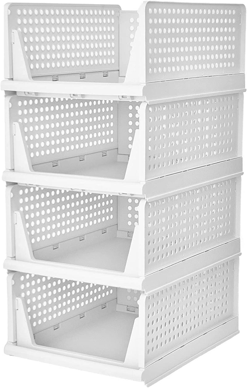JEYANG Folding Wardrobe Organizer Plastic Stackable Clothe Closet Self Storage Container Rectangular Cupboard for Kitchen Home and Bathroom Pack of 4 White - Image 1
