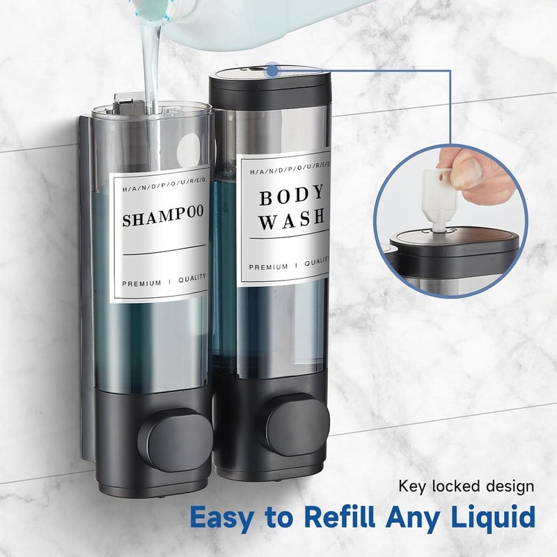 Cabo Deseado Wall-Mounted Shampoo Conditioner Dispenser, 2 Chamber, Black, 600 ML/24.7 US, No Drill Installation, Lockable Design - Image 5