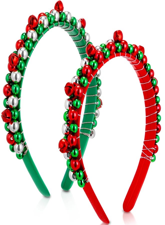 Yilloog 2 Pack Christmas Headband Red Green Silver Tone Christmas Holiday Bells Headbands for Women (Red Green) - Image 1