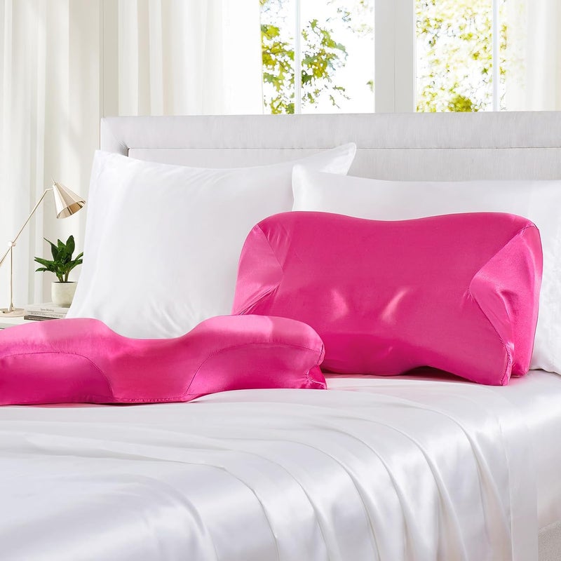 P Pothuiny Satin Pillowcase for Cervical Pillow, Smooth Neck Pillow Case Cover Silky Soft Contour Cervical Pillow Cover with Zipper (Hot Pink) - Image 2