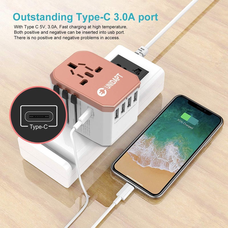 Unidapt محول كهربائي دولي، محول سفر عالمي - شاحن عالمي شامل مع 5 منافذ USB للسفر للطاقة في 160 دولة (ذهبي وردي) - Image 4