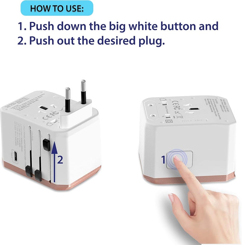Unidapt محول كهربائي دولي، محول سفر عالمي - شاحن عالمي شامل مع 5 منافذ USB للسفر للطاقة في 160 دولة (ذهبي وردي) - Image 3