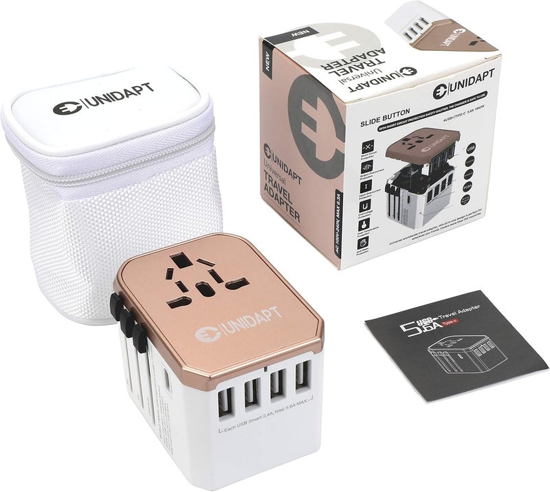Unidapt محول كهربائي دولي، محول سفر عالمي - شاحن عالمي شامل مع 5 منافذ USB للسفر للطاقة في 160 دولة (ذهبي وردي) - Image 5