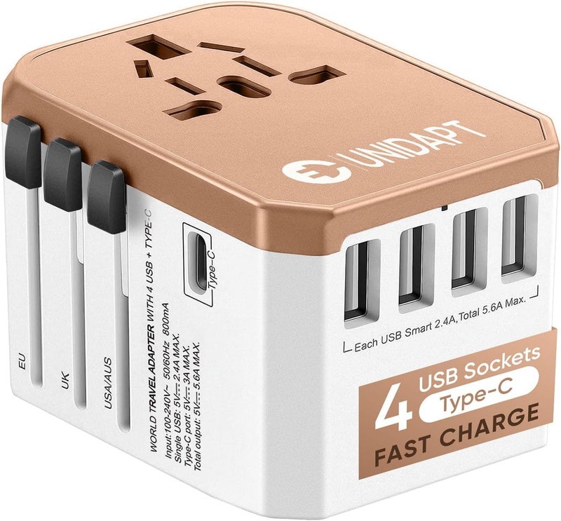 Unidapt محول كهربائي دولي، محول سفر عالمي - شاحن عالمي شامل مع 5 منافذ USB للسفر للطاقة في 160 دولة (ذهبي وردي) - Image 1