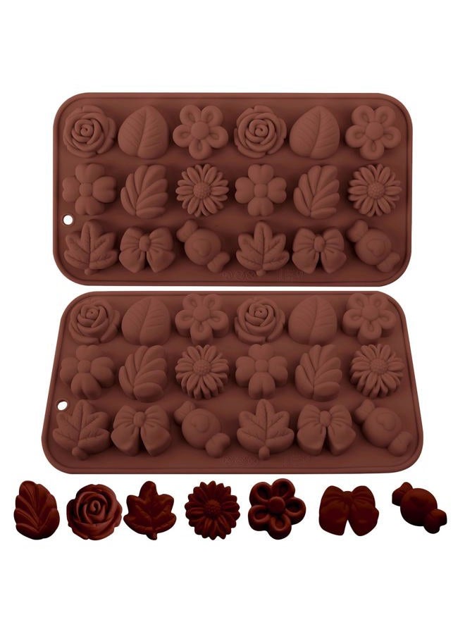 Fuehbur Flower Candy Floral Silicone Molds 2PCS, Chocolate Moulds with Daisy Tulip Rose Bow Tie Leaf Jello Design, 18 Cavity Ice Mold Pudding for Cake Desserts Making, Cupcake Toppers - Mini Size - Image 1