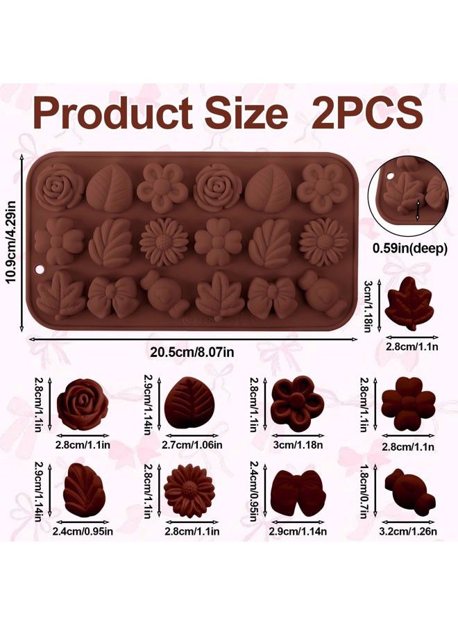 Fuehbur Flower Candy Floral Silicone Molds 2PCS, Chocolate Moulds with Daisy Tulip Rose Bow Tie Leaf Jello Design, 18 Cavity Ice Mold Pudding for Cake Desserts Making, Cupcake Toppers - Mini Size - Image 3