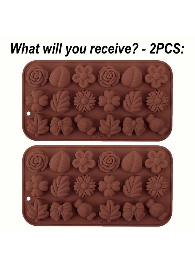Fuehbur Flower Candy Floral Silicone Molds 2PCS, Chocolate Moulds with Daisy Tulip Rose Bow Tie Leaf Jello Design, 18 Cavity Ice Mold Pudding for Cake Desserts Making, Cupcake Toppers - Mini Size - Image 2