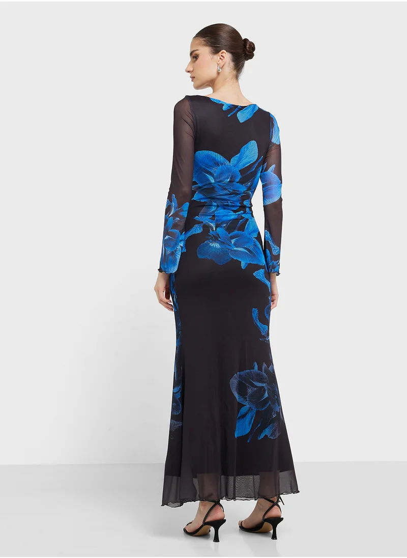 جينجر Mesh Floral Print A Line Dress