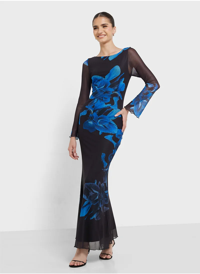 جينجر Mesh Floral Print A Line Dress