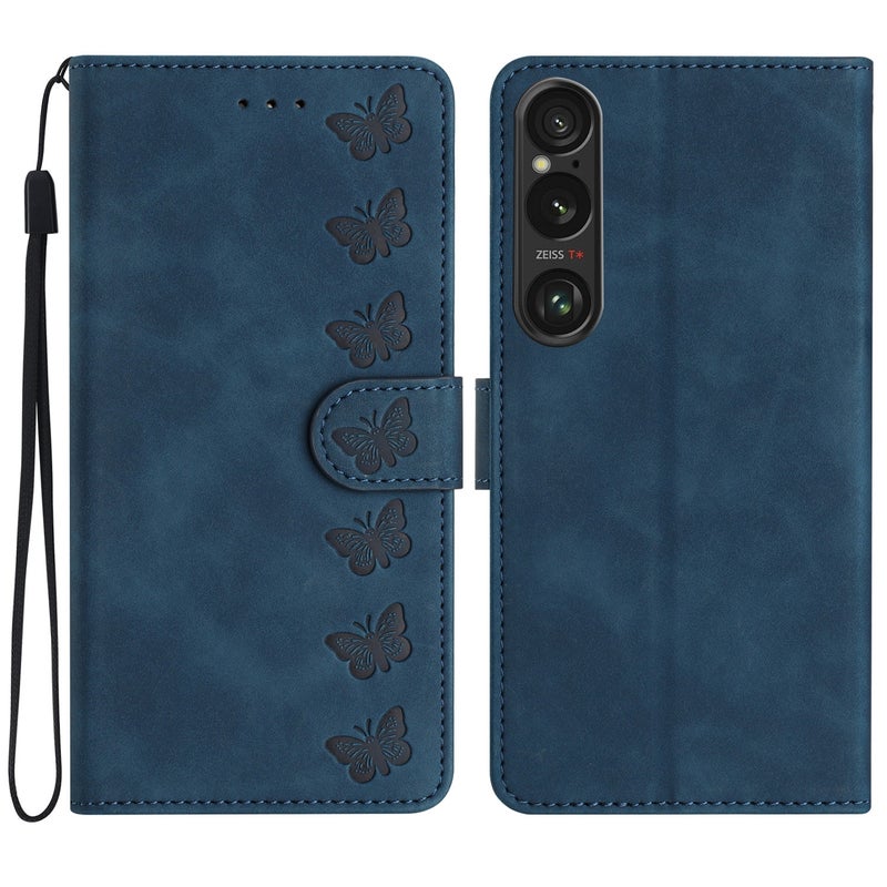 HuHa Protective Cover For Sony Xperia 1 VI Seven Butterflies Embossed Leather Phone Case(Blue) - Image 1