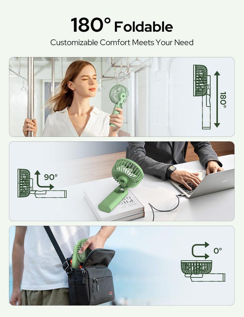 COSTAR Handheld Fan, 180° Foldable Desk Fan, Brushless Motor Portable Hand Fan, 3 Speeds USB Fan, 2400mAh Battery Rechargeable for Summer and Travel Use by Women and Men (Green) - Image 2