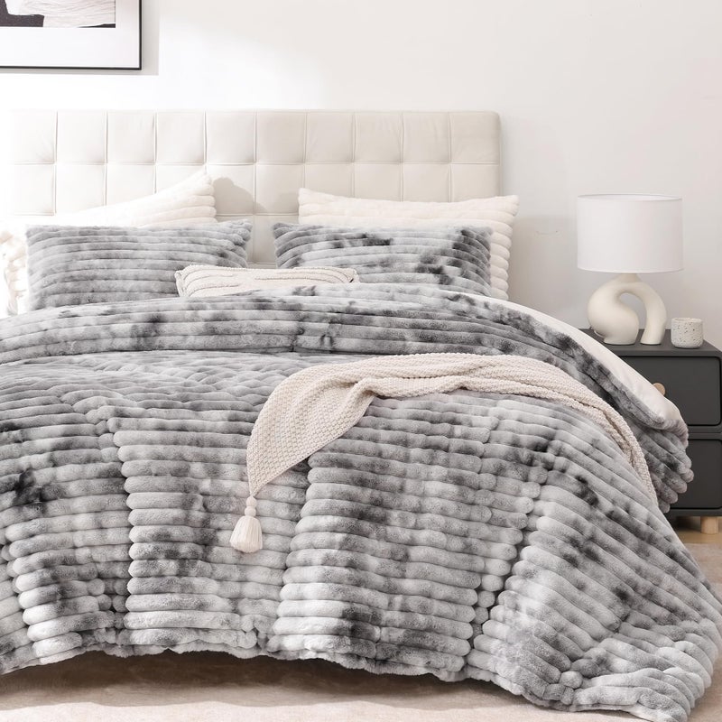 Smoofy Fluffy Queen Size Comforter Set 3 Pieces - Tie-dye Grey Fleece Fluffy Comforter Set, Luxury Fuzzy Queen Bedding Set, Soft Warm Bed Set All Season, Heavy Faux Fur Comforter with 2 Pillow Cases - Image 1