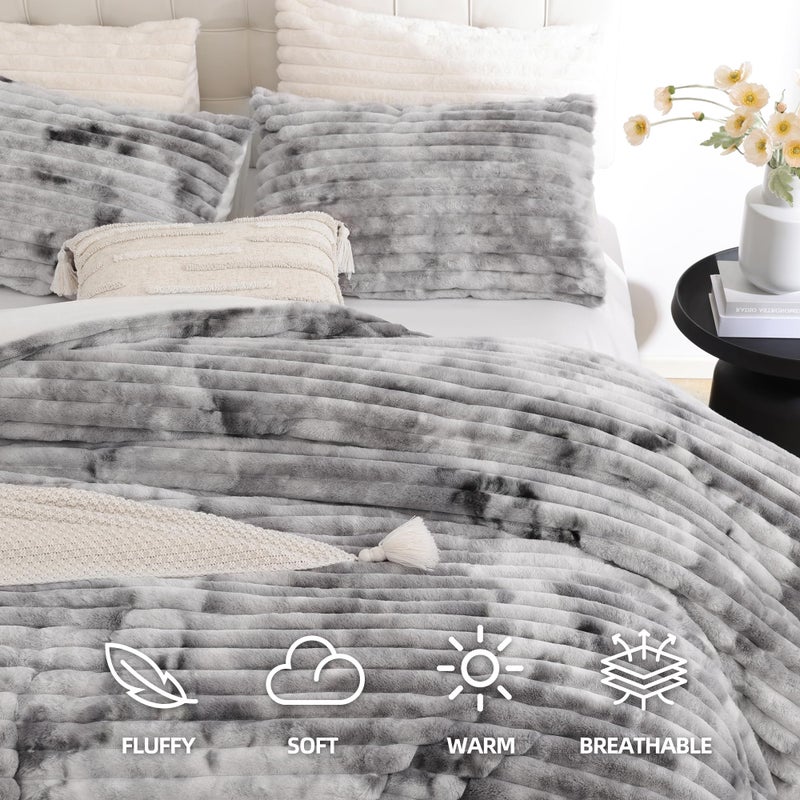 Smoofy Fluffy Queen Size Comforter Set 3 Pieces - Tie-dye Grey Fleece Fluffy Comforter Set, Luxury Fuzzy Queen Bedding Set, Soft Warm Bed Set All Season, Heavy Faux Fur Comforter with 2 Pillow Cases - Image 2