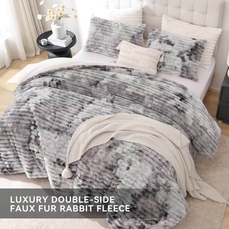 Smoofy Fluffy Queen Size Comforter Set 3 Pieces - Tie-dye Grey Fleece Fluffy Comforter Set, Luxury Fuzzy Queen Bedding Set, Soft Warm Bed Set All Season, Heavy Faux Fur Comforter with 2 Pillow Cases - Image 4