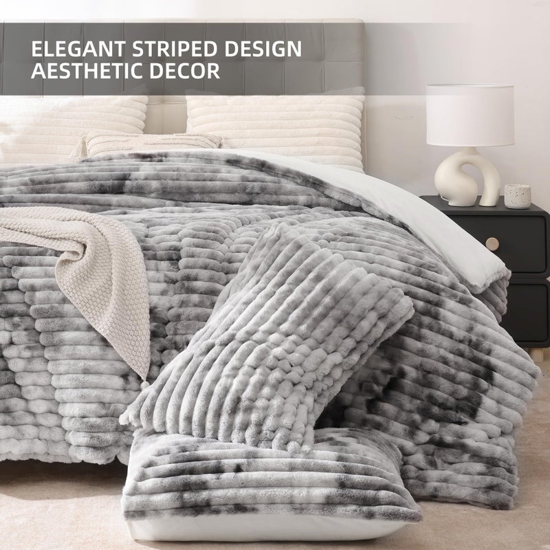 Smoofy Fluffy Queen Size Comforter Set 3 Pieces - Tie-dye Grey Fleece Fluffy Comforter Set, Luxury Fuzzy Queen Bedding Set, Soft Warm Bed Set All Season, Heavy Faux Fur Comforter with 2 Pillow Cases - Image 3