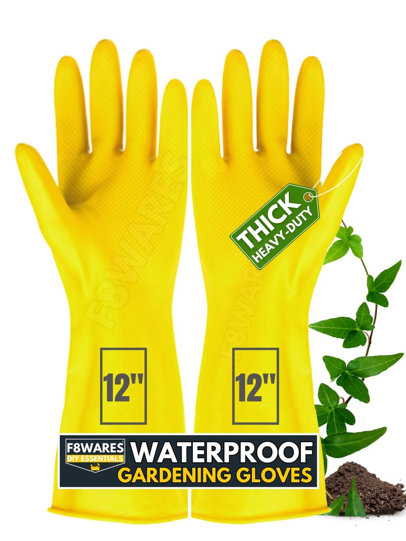 F8WARES 12inch Long Thick and Heavy Duty Latex Rubber Gardening Gloves - Waterproof Garden Gloves for Home Garden, Farming, Agriculture & Dairy Work, Pack Of 1, Yellow - Image 1