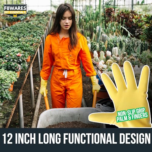 F8WARES 12inch Long Thick and Heavy Duty Latex Rubber Gardening Gloves - Waterproof Garden Gloves for Home Garden, Farming, Agriculture & Dairy Work, Pack Of 1, Yellow - Image 4