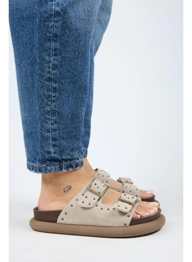 Manijero  (Sude) Women's Genuine Leather Double Buckle T‑Strap Beige Slipper. for Women | Best Price UAE