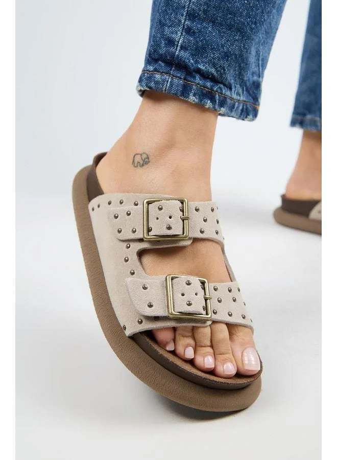 (Sude) Women's Genuine Leather Double Buckle T‑Strap Beige Slipper.