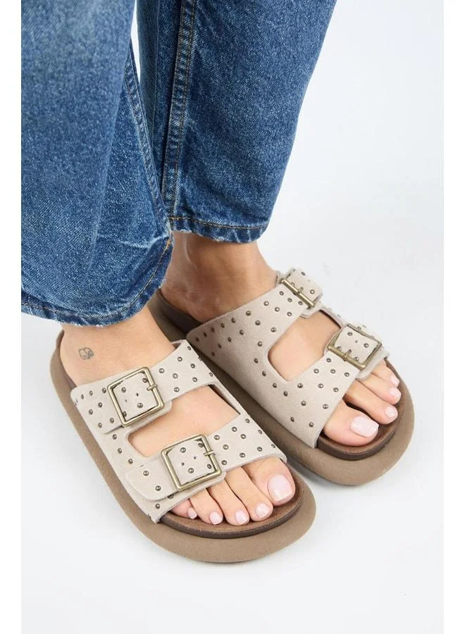 Manijero  (Sude) Women's Genuine Leather Double Buckle T‑Strap Beige Slipper. for Women | Best Price UAE