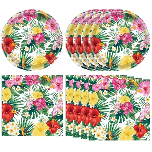DURYGEN 40PCS Hawaiian Luau Party Decoration Luau Decoration Aloha Tropical Palm Leaves Tableware Supplies Hawaii Disposable Plates Napkins Party Supplies for Birthday Summer Kid - Image 1