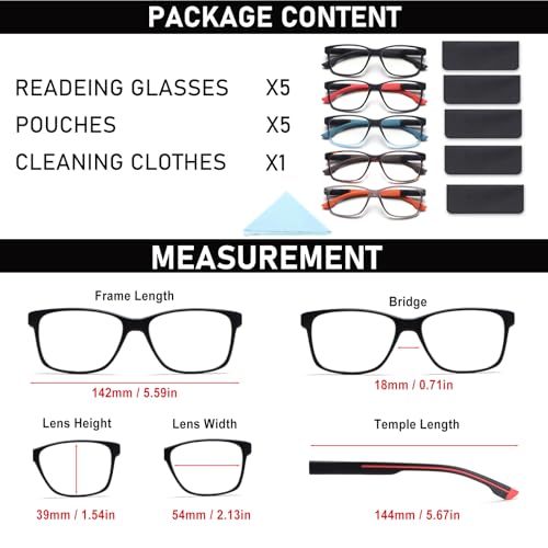 BLOEXCLU 5 Pack Reading Glasses Men Blue Light Blocking Anti Eyestrain Square Computer Readers for Women Eyeglasses (5 Mixed A, 1.25, x) - Image 2