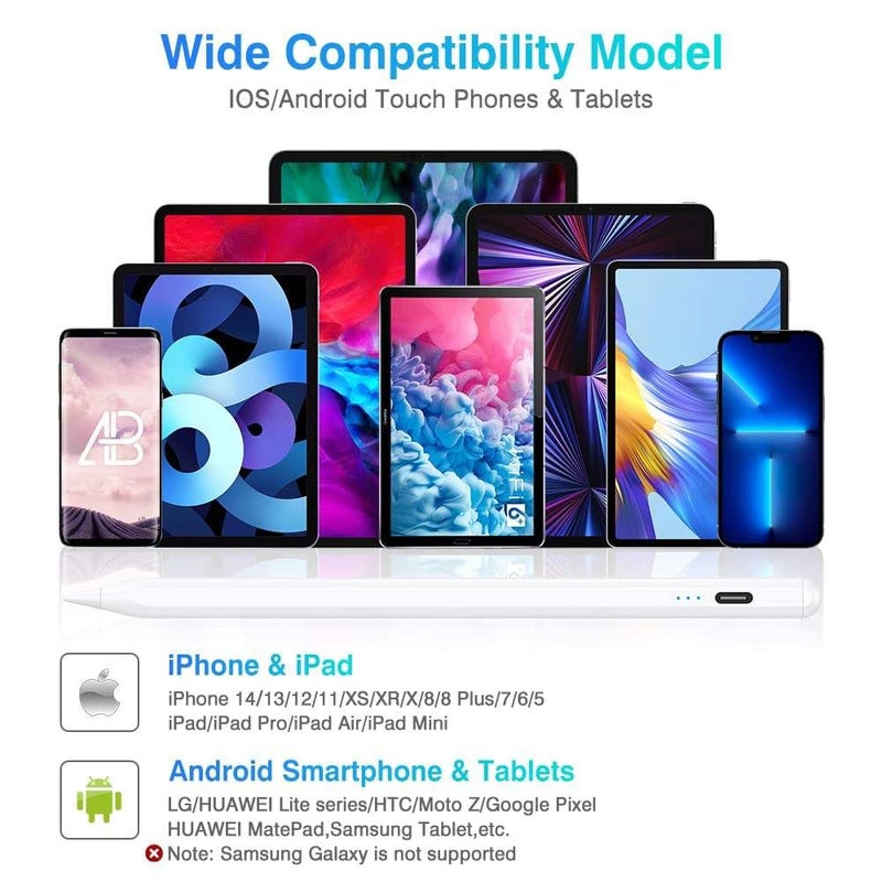 AUSEK قلم ستايلس نشط مغناطيسي متوافق مع آيباد، والأجهزة اللوحية، وهواتف آيفون وأندرويد الذكية مع قلم لمسي سريع الشحن، أبيض - Image 1