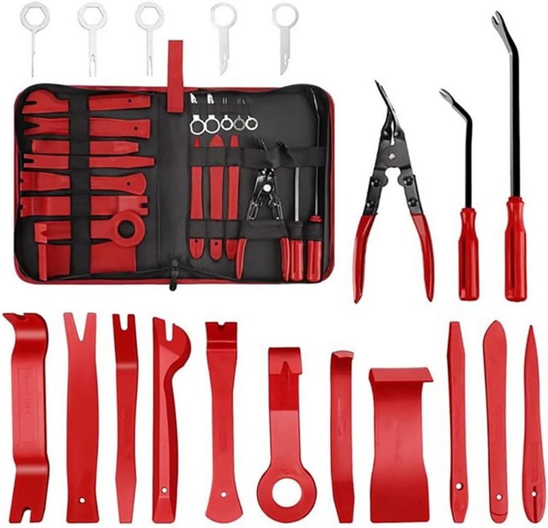 SCIENISH 19Pcs Auto Audio Trim Removal Tool Set & Clip Plier Upholstery Fastener Remover Nylon Dash Door Panel Stereo Tool (Red) - Image 1
