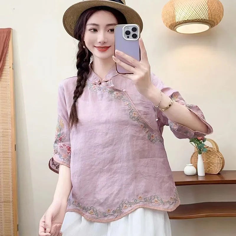Womens Clothing Chinese Embroidered Cotton and Linen Artistic Retro Style Top with Buckle for Summer and Autumn New Style Oblique Placket Tea Clothes plus size Shirt N#A33 purple shirt