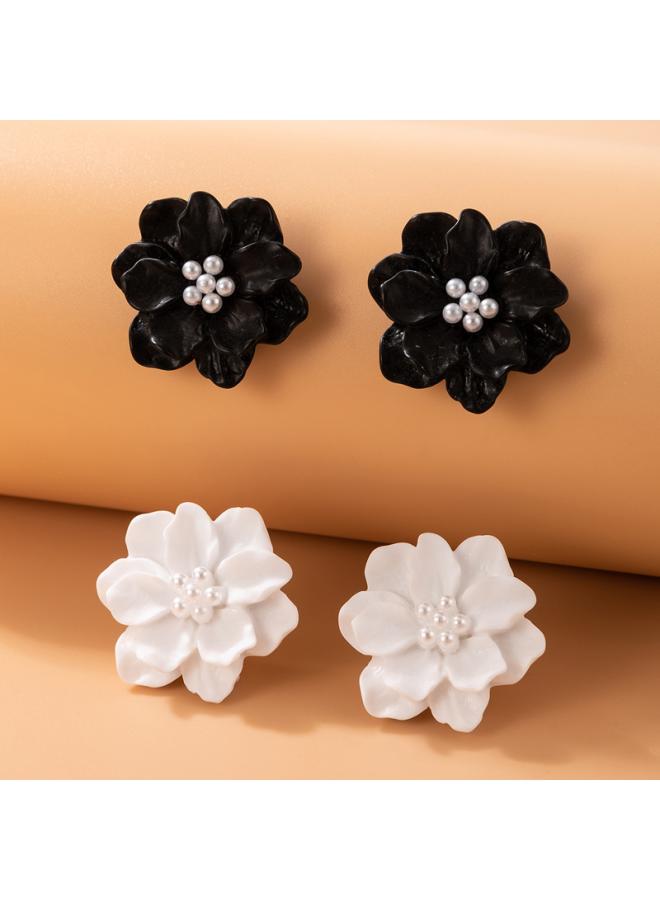 New Korean Simple All-match Exaggerated Camellia Earrings Elegant Fresh Three-dimensional White Flower Pearl Earrings 