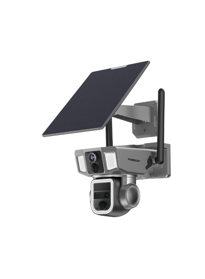 باورولوجي Powerology Solar Security Camera 10x Hybrid Zoom 1080p Full Night Vision Motion Siren IP66 Waterproof Battery Cloud Talk Coverage ZOOM1080p LENS360