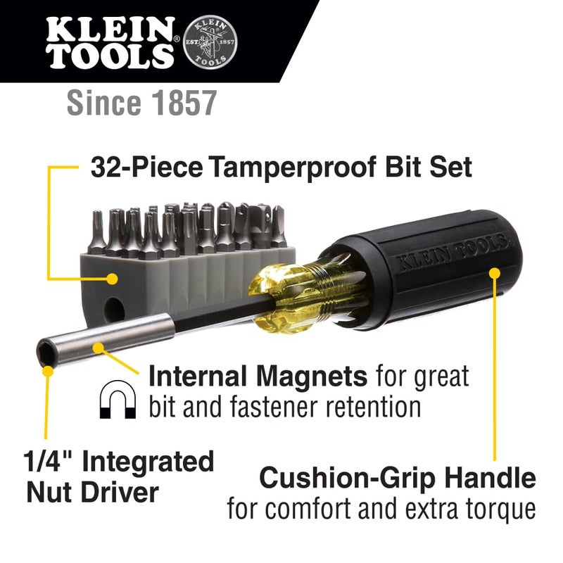 Klein Tools 32510 Magnetic Multibit Screwdriver with Sturdy Torx, Hex, Spanner, Tri-Wing, Torq and Nut Tamperproof Bits and Storage Block - Image 2