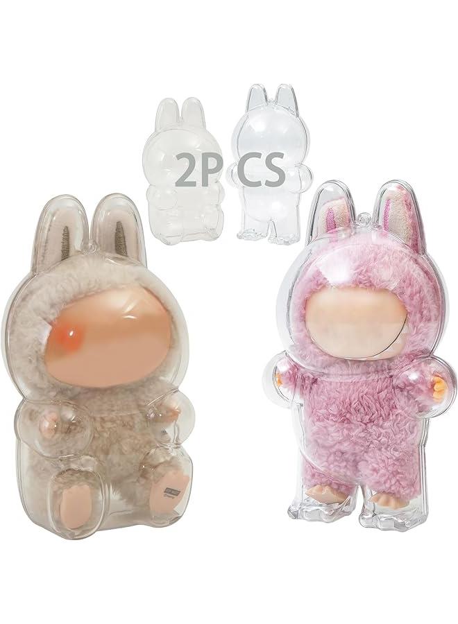 2PCS Protective Case for LABUBU, Clear Figure Display Bag with Keychain, Plastic Protective Cover, Storage Transparent PVC Bag Hanging Model (Doll Not Include, 1 PC Standing  1 PC Sitting) 