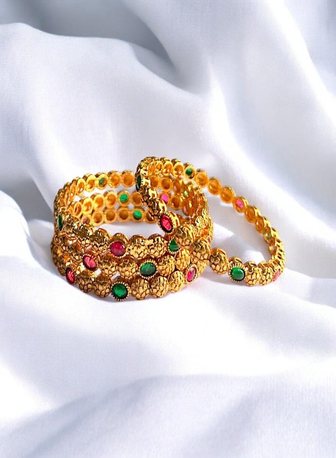 ACCESSHER Gold plated set of 4 bangles Red and Green Stone-Studded Handcrafted Bangles for Women and Girls (2.4) - Image 4