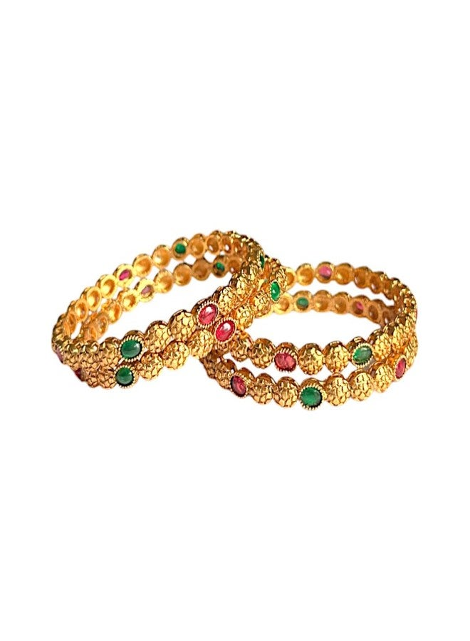 ACCESSHER Gold plated set of 4 bangles Red and Green Stone-Studded Handcrafted Bangles for Women and Girls (2.4) - Image 1