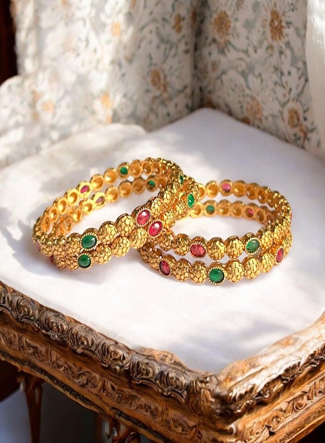 ACCESSHER Gold plated set of 4 bangles Red and Green Stone-Studded Handcrafted Bangles for Women and Girls (2.4) - Image 3