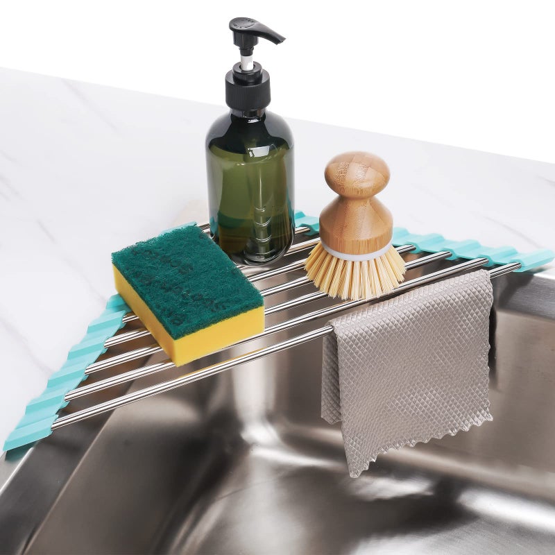 Tomorotec Green Triangle RollUp Dish Drying Rack for Sink Corner  Small Foldable Stainless Steel Multipurpose Kitchen Drainer Caddy Trivet Rustproof Organizer Storage Shelf