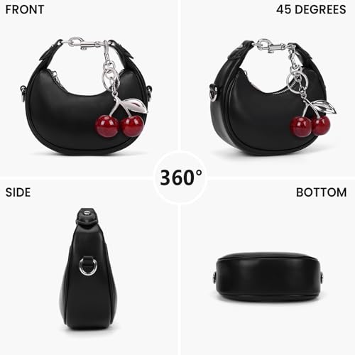 JQWSVE Small Top Handle Bags for Women Mini Purses Cute Ladies Handbags Crescent Mini Crossbody Bags with Cherry (A01 Black) - Image 3