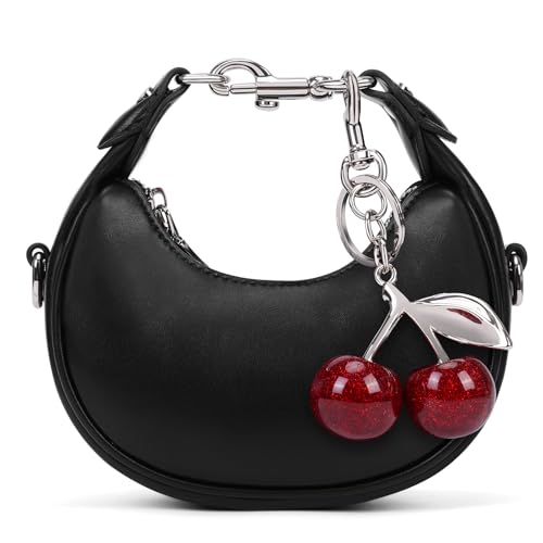 JQWSVE Small Top Handle Bags for Women Mini Purses Cute Ladies Handbags Crescent Mini Crossbody Bags with Cherry (A01 Black) - Image 1