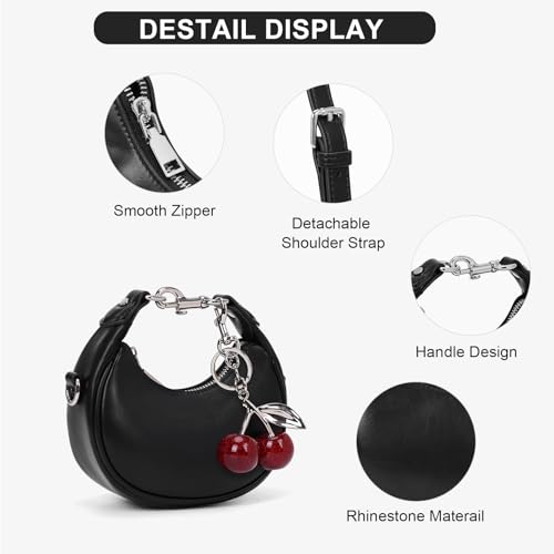 JQWSVE Small Top Handle Bags for Women Mini Purses Cute Ladies Handbags Crescent Mini Crossbody Bags with Cherry (A01 Black) - Image 4
