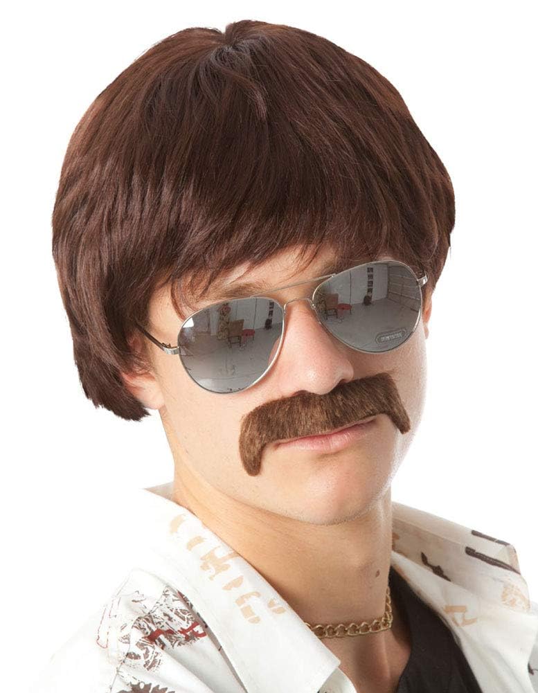 ALLAURA Compatible with Sonny Bono Wig 60s 70s Mens Short Brown Wig Mustache for Hippie Singer TV Star Cop Detective Costumes Liberty Duo Limu Doug Uncle Rico Retro Halloween Outfit