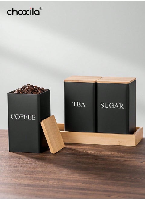 1pc Coffee Storage Can Tea Snacks Coffee Bean Storage Can Bamboo Lid Iron Art Display Square Can