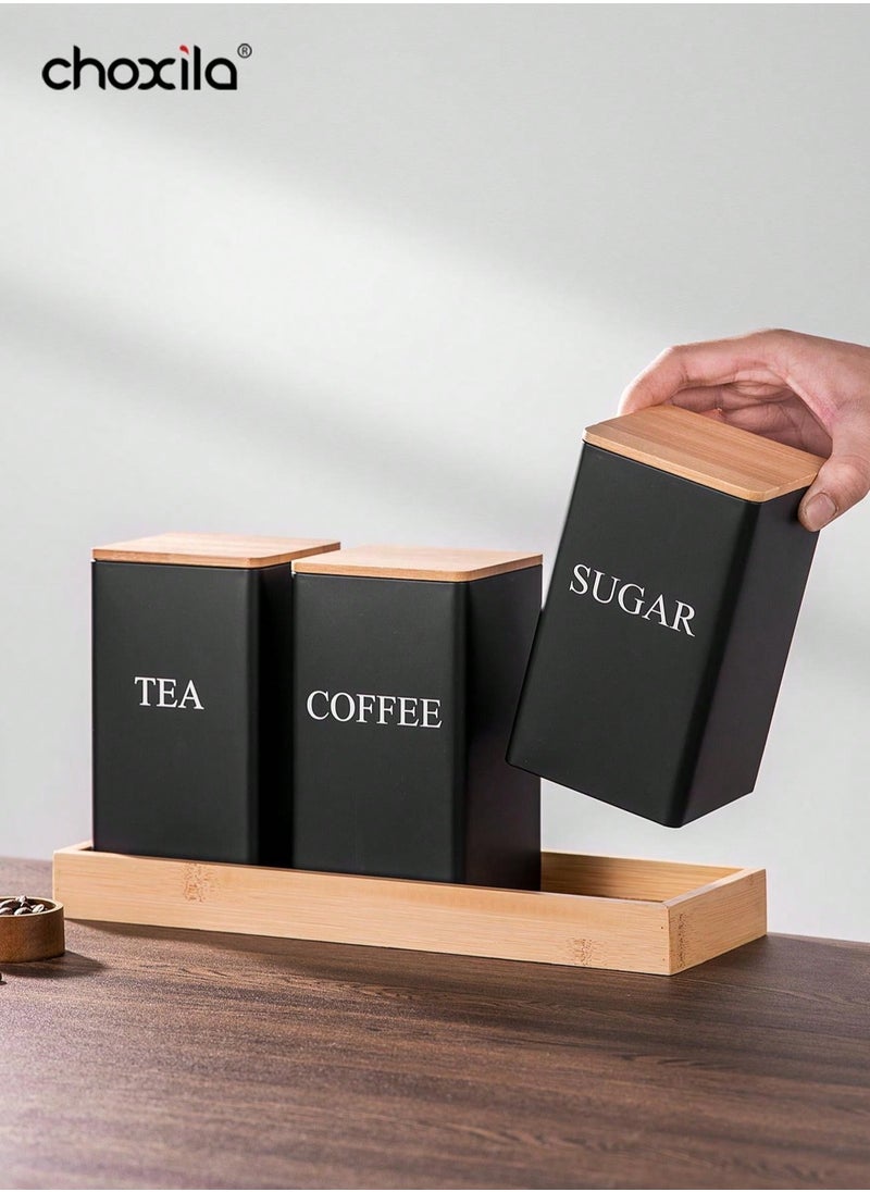 1pc Coffee Storage Can Tea Snacks Coffee Bean Storage Can Bamboo Lid Iron Art Display Square Can