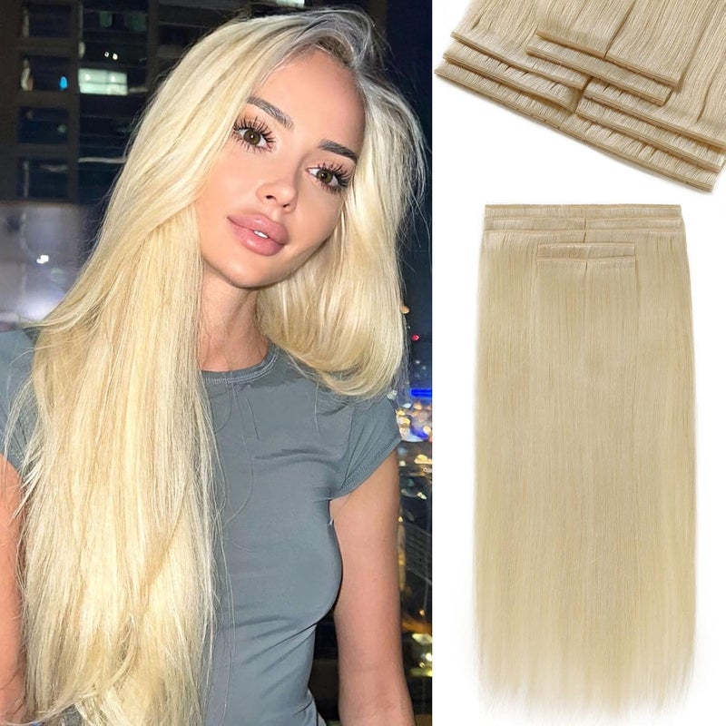 LADY MIRANDA Double Weft Invisible PU Hair Extensions Real Human Hair 18 Inch 100G 8PCS Micro Ring PU Hair Extensions Twin Tabs Invisible Weft Genius Seamless Handmade PU Flat Weft Blonde 18 Inch