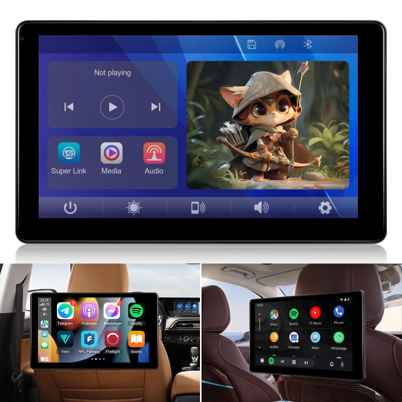 NHOPEEW Car Headrest Video Player, 9 inch IPS Screen Headrest TV Support Phone Wireless Carplay and Android Auto, Mirror Link, Video Website, Voice Control + 64G Memory Card - Image 1