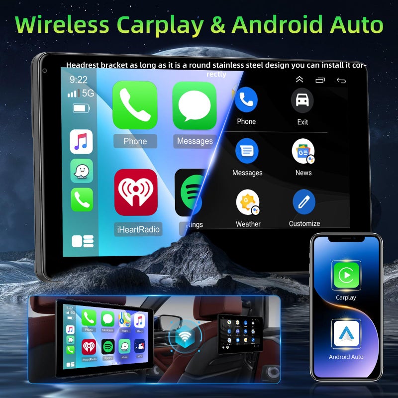 NHOPEEW Car Headrest Video Player, 9 inch IPS Screen Headrest TV Support Phone Wireless Carplay and Android Auto, Mirror Link, Video Website, Voice Control + 64G Memory Card - Image 4