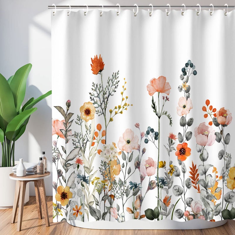 LIVILAN Floral Shower Curtains for Bathroom Flower Shower Curtain Pretty Shower Curtains Fabric Colorful Wildflower Flowered Shower Curtain with 12 Hooks Decorative Machine Washable 60 W x 72 H