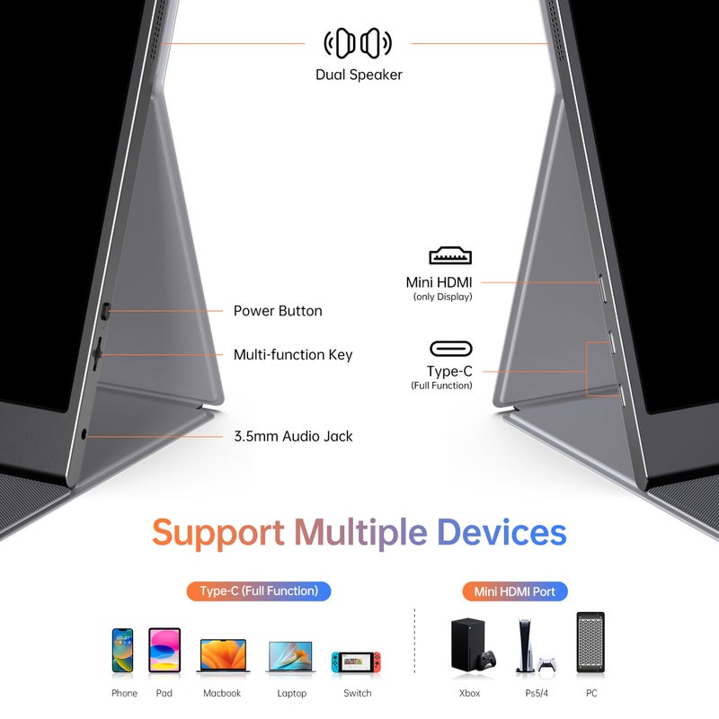 ForHelp 15.6inch Portable Monitor,1080P USB-C HDMI Second External Monitor for Laptop,PC,Mac Phone,PS,Xbox,Swich,IPS Ultra-Thin Zero Frame Gaming Display/Premium Smart Cover - Image 5