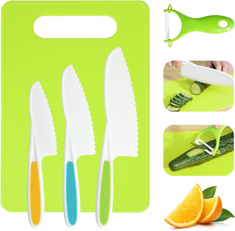 melican Kids Knife Set, 5 Pcs Montessori Kitchen Tools for Toddlers' Real Cooking, BPA Free Kids Safe Kitchen Cooking and Baking Set with Peeler, Cutting Board for Sandwich Bread Vegetable Fruit Present Gift - Image 1